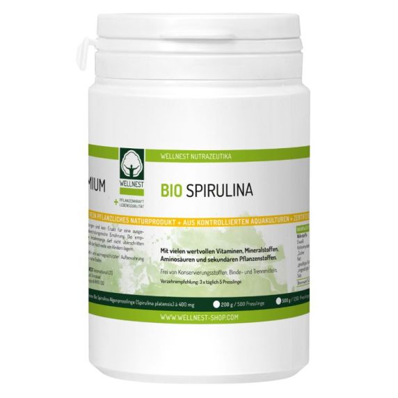 Bio Spirulina Algen 400 mg (Spirulina platensis) à 500 / 1250 / 2500 Presslinge. Zertifizierte Bio Spirulina Presslinge mit Analyse – nährstoffreich, naturbelassen, ohne Zusätze