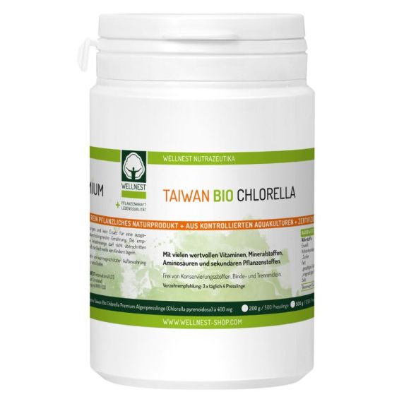 Taiwan Bio Chlorella Premium 400 mg (Chlorella pyrenoidosa) à 500 / 1250 / 2500 Presslinge. Naturbelassene Premiumalgen mit hoher Nährstoffdichte aus zertifizierten Bio-Aquakulturen