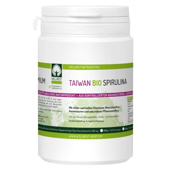Taiwan Bio Spirulina Premium 400 mg (Spirulina platensis) à 500 / 1250 / 2500 Presslinge. 100 % pflanzliche Bio Spirulina Algen Presslinge ohne Zusätze aus zertifizierter Aquakultur