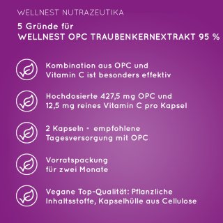5 Gründe für Wellnest OPC Traubenkernextrakt 95 % + Vitamin C aus Acerolafrucht