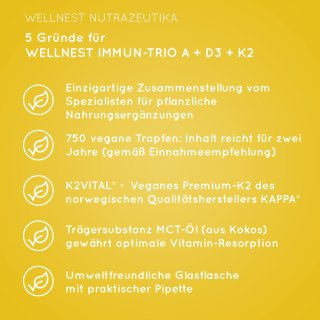 5 Gründe für Wellnest Immun-Trio A + D3 + K2 MK7 (750 vegane Tropfen)