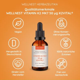 Qualitätsmerkmale Wellnest 10 ml Vitamin K2 MK7 all-trans 50 µg K2VITAL®