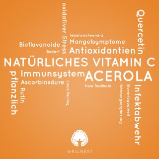Keywordwolke Wellnest Natürliches Vitamin C plus Acerola und Bioflavanoide