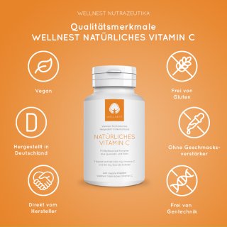 Qualitätsmerkmale Wellnest Natürliches Vitamin C plus Acerola und Bioflavanoide